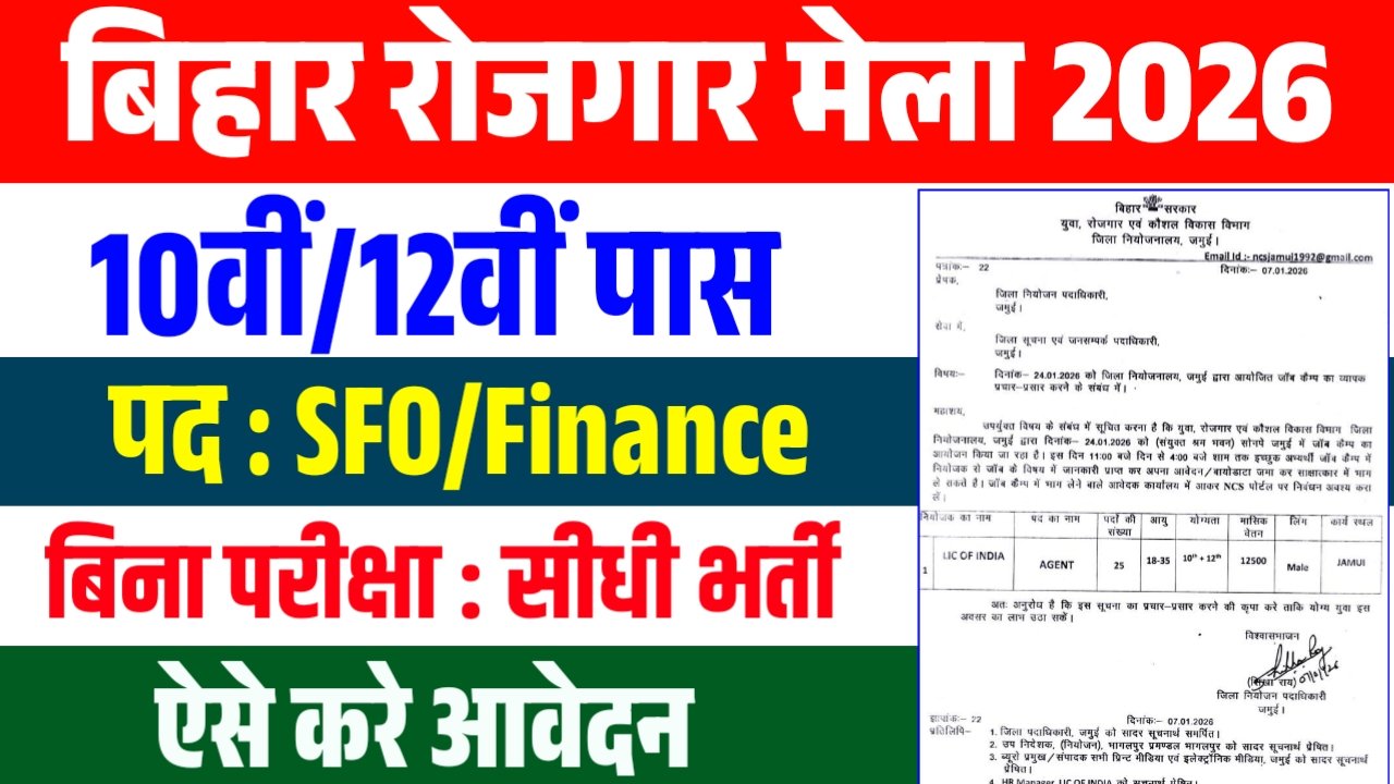 Bihar Rojgar Mela SFO Finance Vacancy 2026 : जॉब कैंप आओ नौकरी पाओ 10वीं /12वीं पास