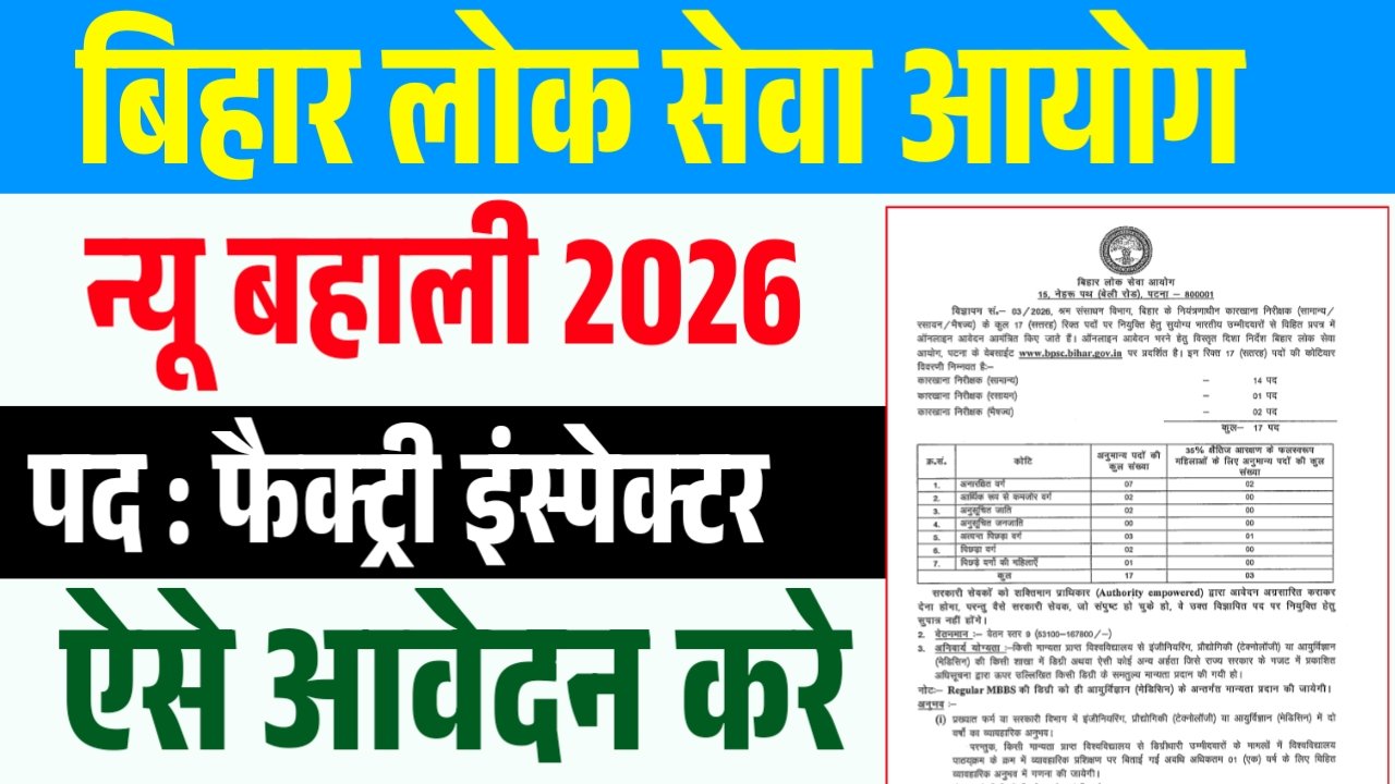 BPSC Factory Inspector Recruitment 2026 : फैक्ट्री इंस्पेक्टर के पदों पर आई नई भर्ती ऐसे आवेदन करे
