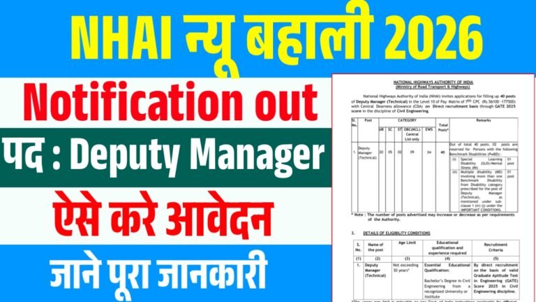 NHAI Recruitment 2026: Deputy Manager के पदों पर भर्ती शुरू! अभी देखें योग्यता व आवेदन प्रक्रिया