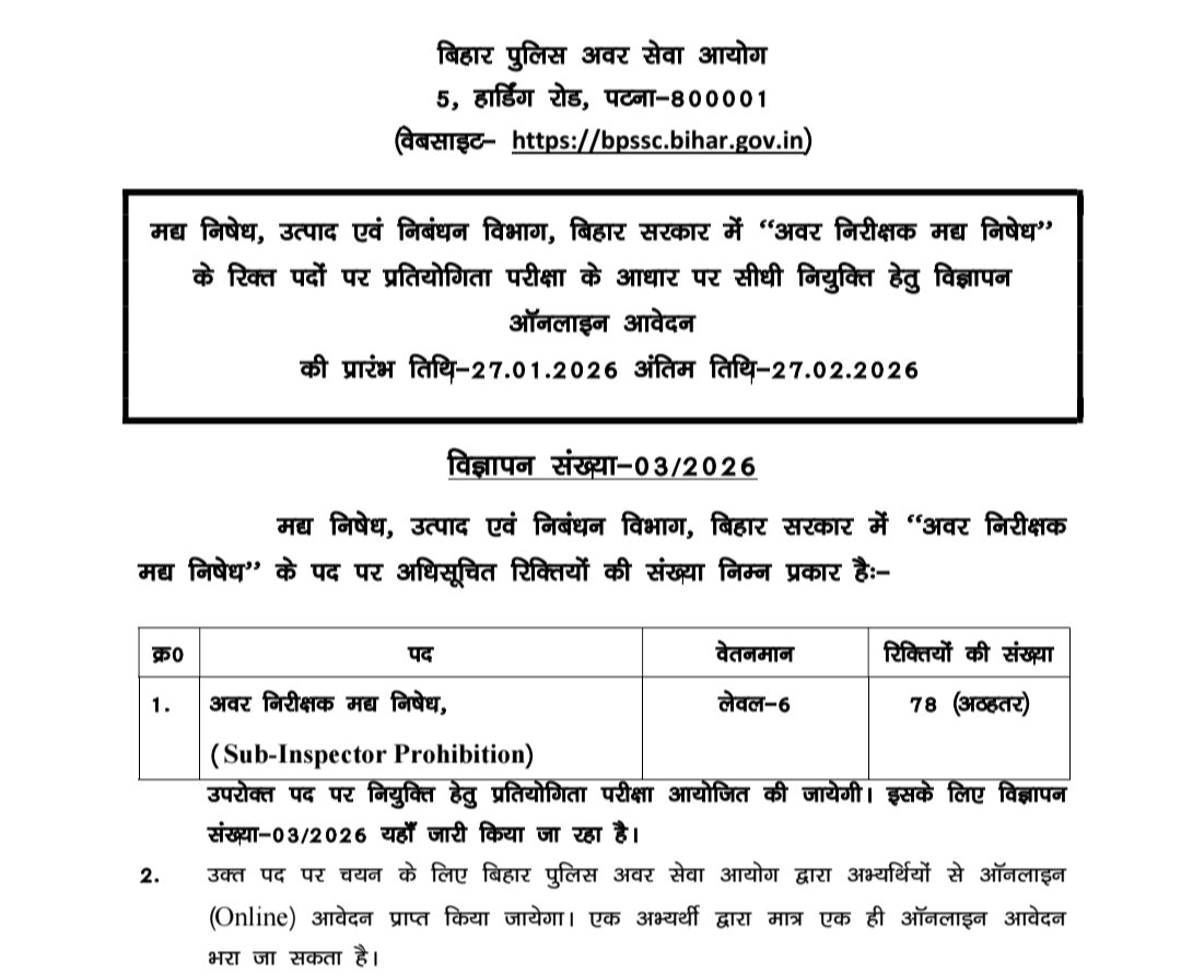 Bihar Police SI Prohibition Vacancy 2026 : Bihar Police Prohibition SI 2026 अभी-अभी भर्ती निकली! Late होंगे तो पछतायेंगे! 3 IMG 20260123 075121