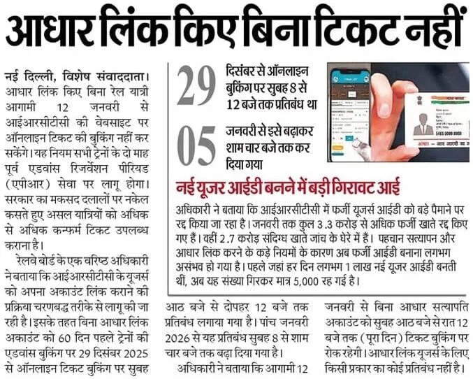 Aadhaar Linked IRCTC Ticket Booking Rule 2026