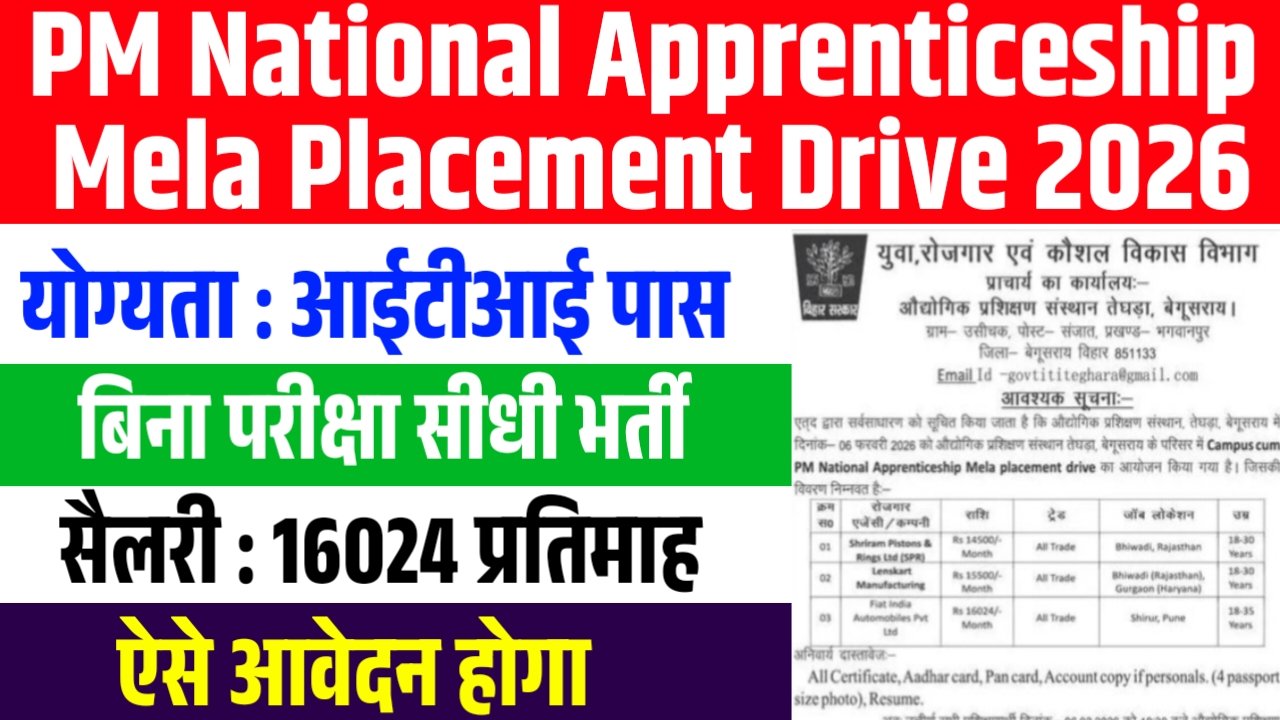 PM National Apprenticeship Mela 2026 : पीएम नेशनल अपरेंटिसशिप मेला शुरू - बिना परीक्षा भर्ती का शानदार मौका, जल्दी करे आवेदन 1 PM National Apprenticeship Mela 2026 : पीएम नेशनल अपरेंटिसशिप मेला शुरू – बिना परीक्षा भर्ती का शानदार मौका, जल्दी करे आवेदन