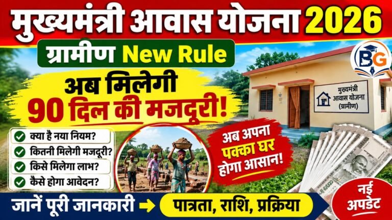 Mukhyamantri Awas Yojana  2026 Gramin New Rule : मुख्यमंत्री आवास योजना में बड़ा बदलाव! अब मिलेगी 90 दिन की मजदूरी, जानें नया नियम