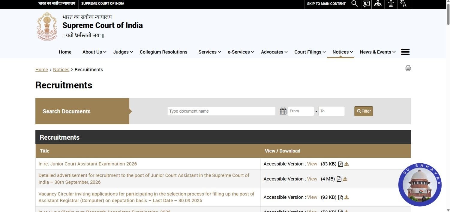Supreme Court Junior Court Assistant Recruitment 2026